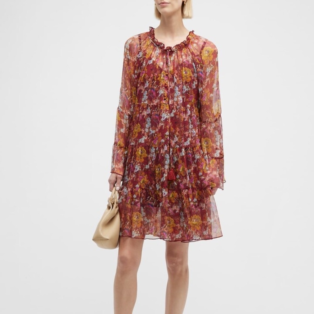 Johnny Was Sheer Floral Mini Dress - Red and Gold